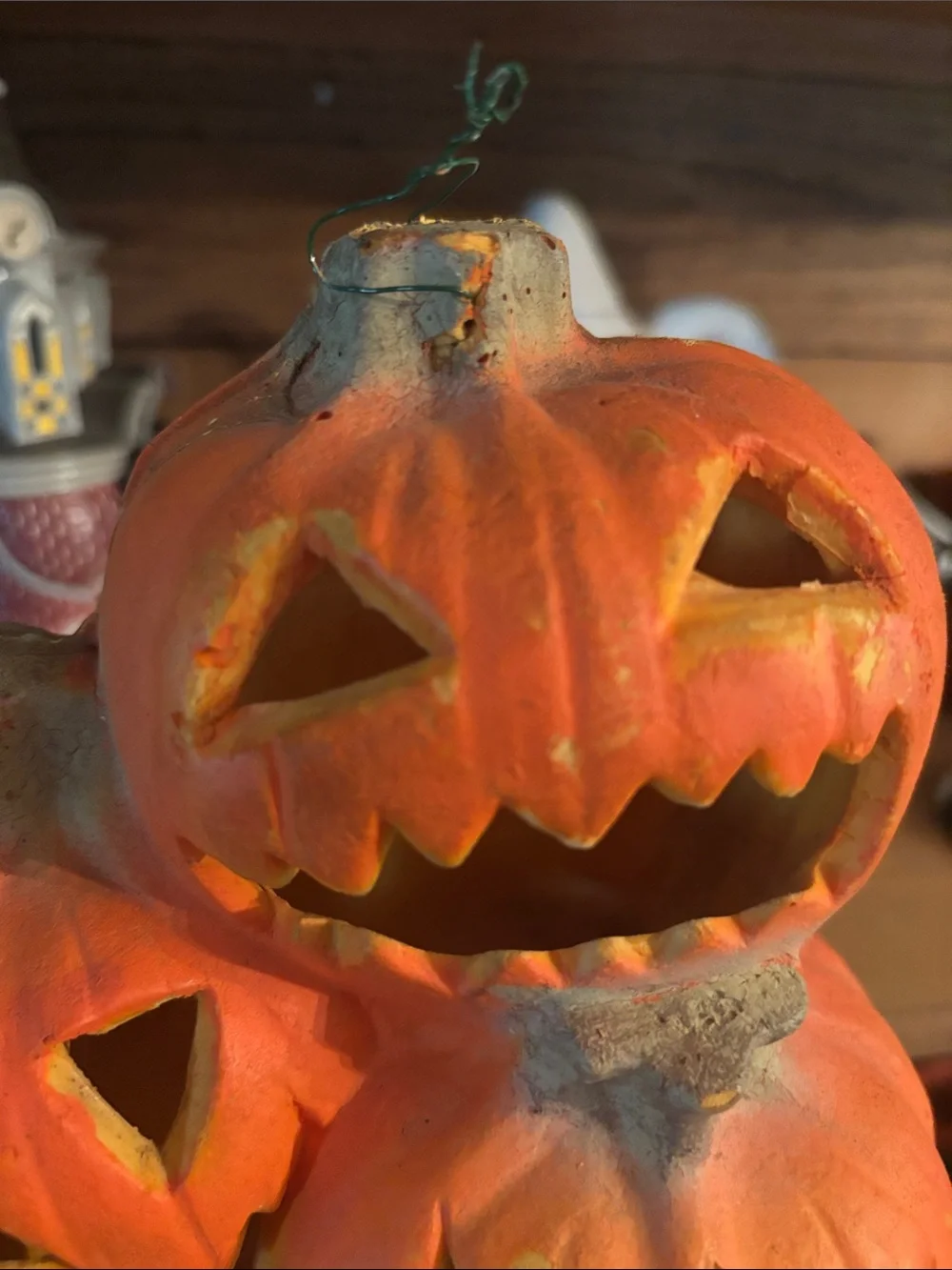 Trendmasters Lighted Foam Blow Mold Stacked Pumpkin Jack O'Lanterns 18”H 1990s